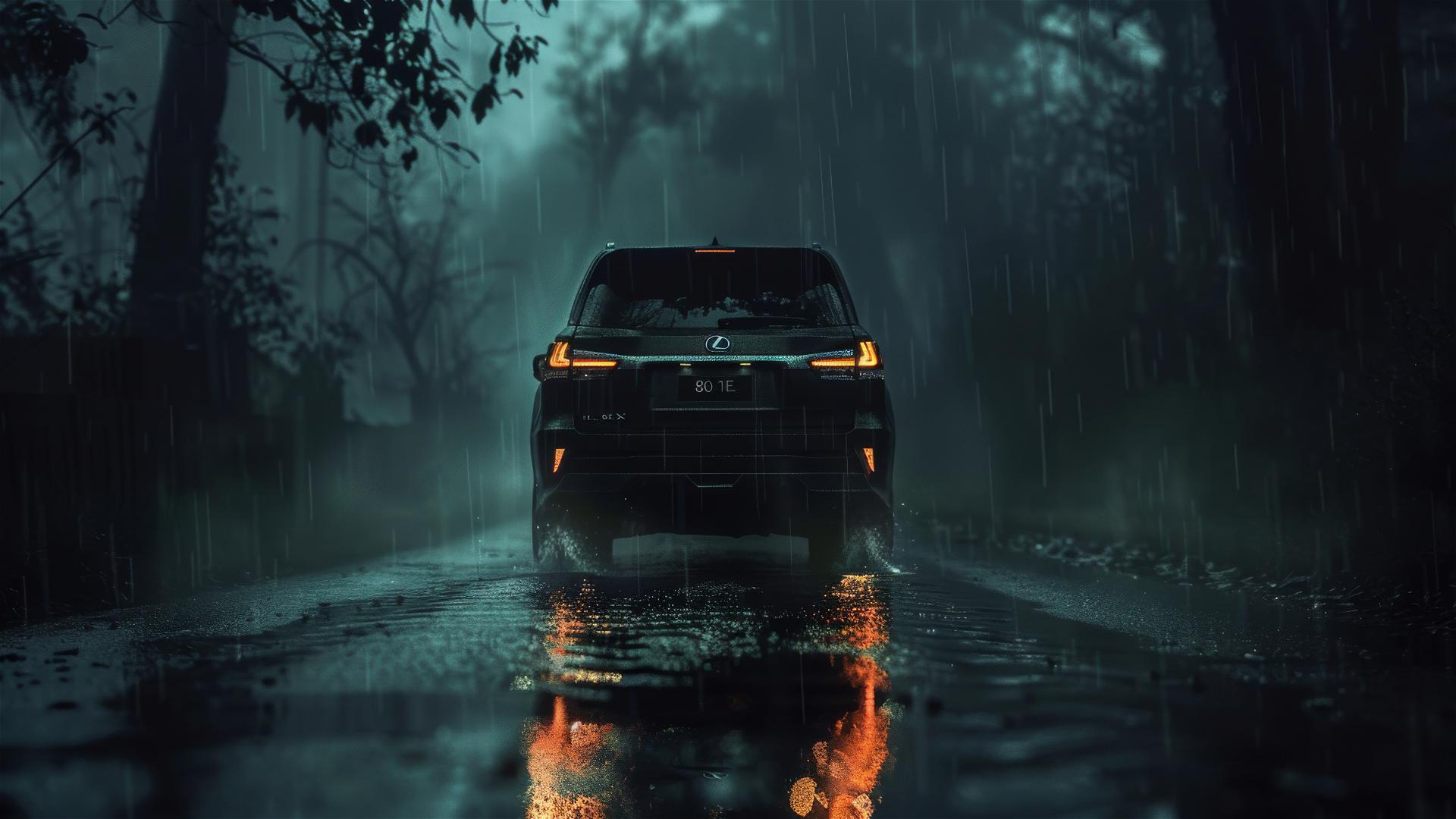Photorealistic closeup of a Lexus LX in dim, foggy, gothic setting
