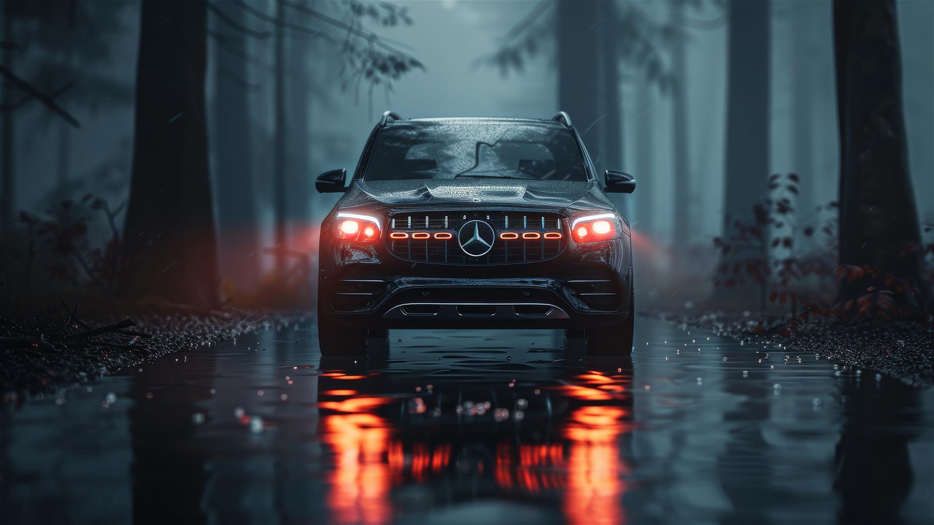 Close-up of Mercedes-Benz GLB in dim, foggy setting with Gothic gloom
