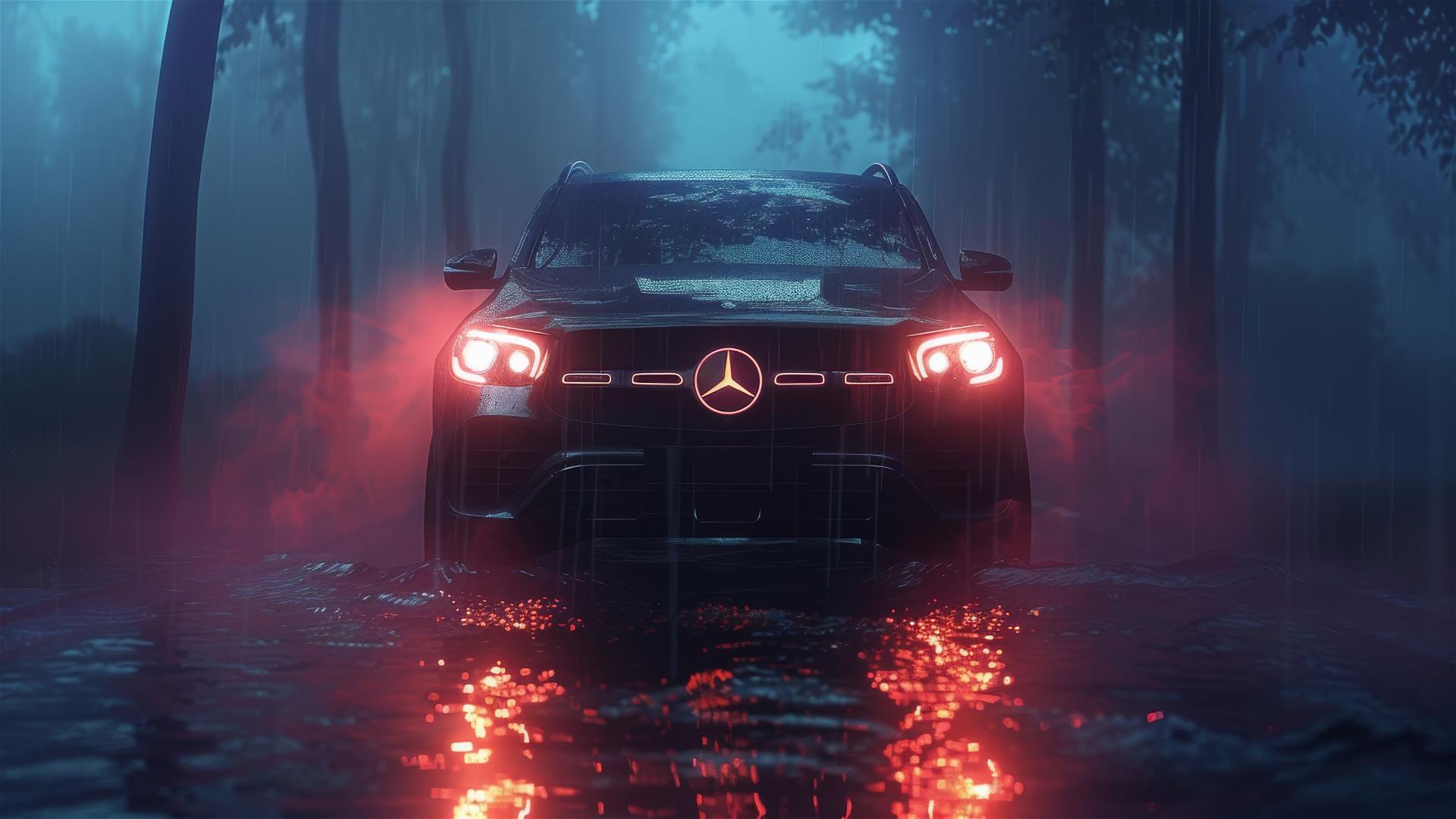 Closeup view of a Mercedes-Benz GLB in dim, foggy, gothic gloomy lighting, rendered in photorealistic 8k quality