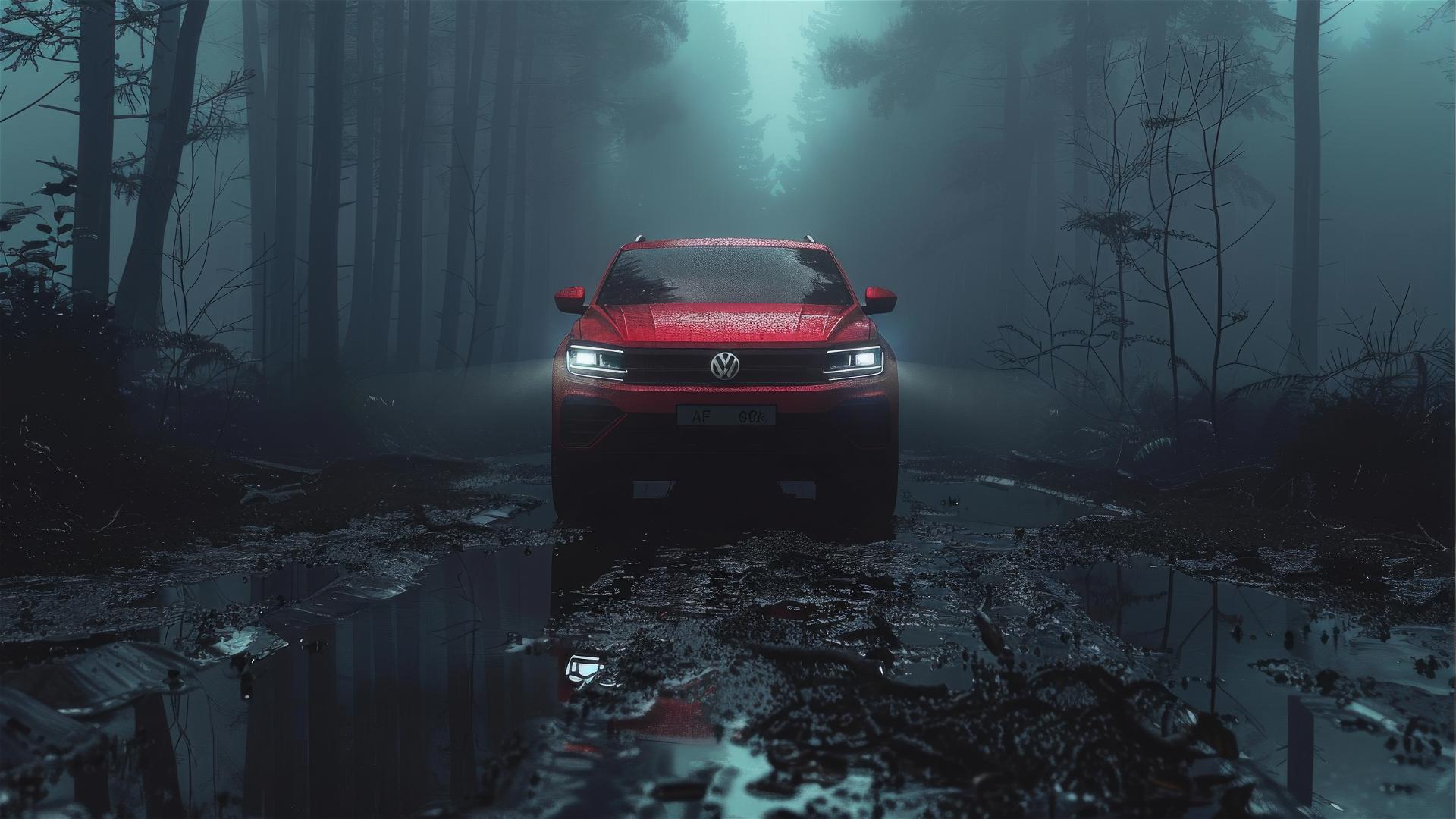 Volkswagen Tiguan in dim, gothic lighting with a closeup view in a foggy, photorealistic style