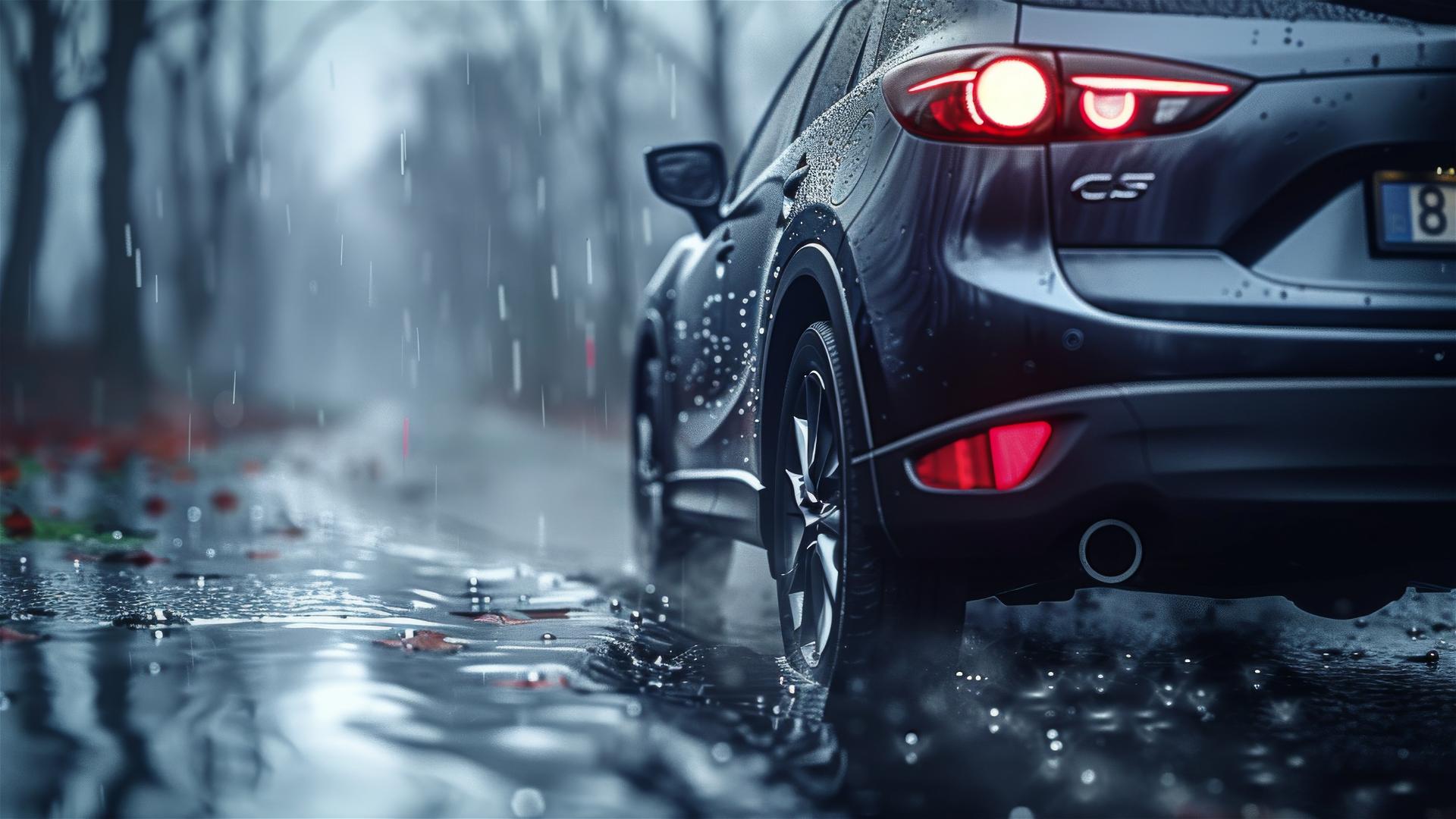 Close-up of a Mazda CX-5 in a foggy, gothic gloomy setting under dim lighting