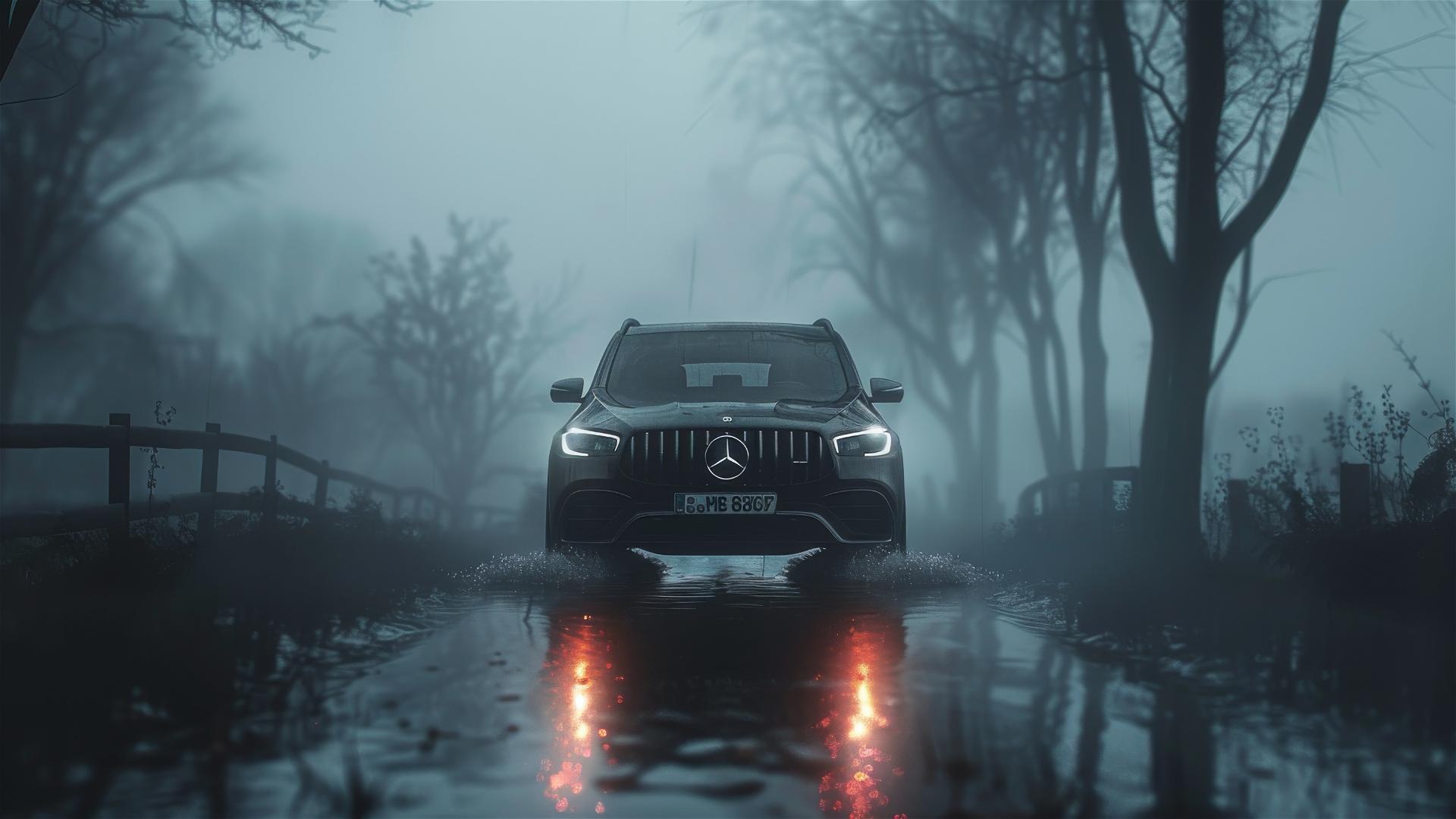 Dimly lit, gothic gloomy Mercedes-Benz GLC in a foggy, photorealistic closeup view