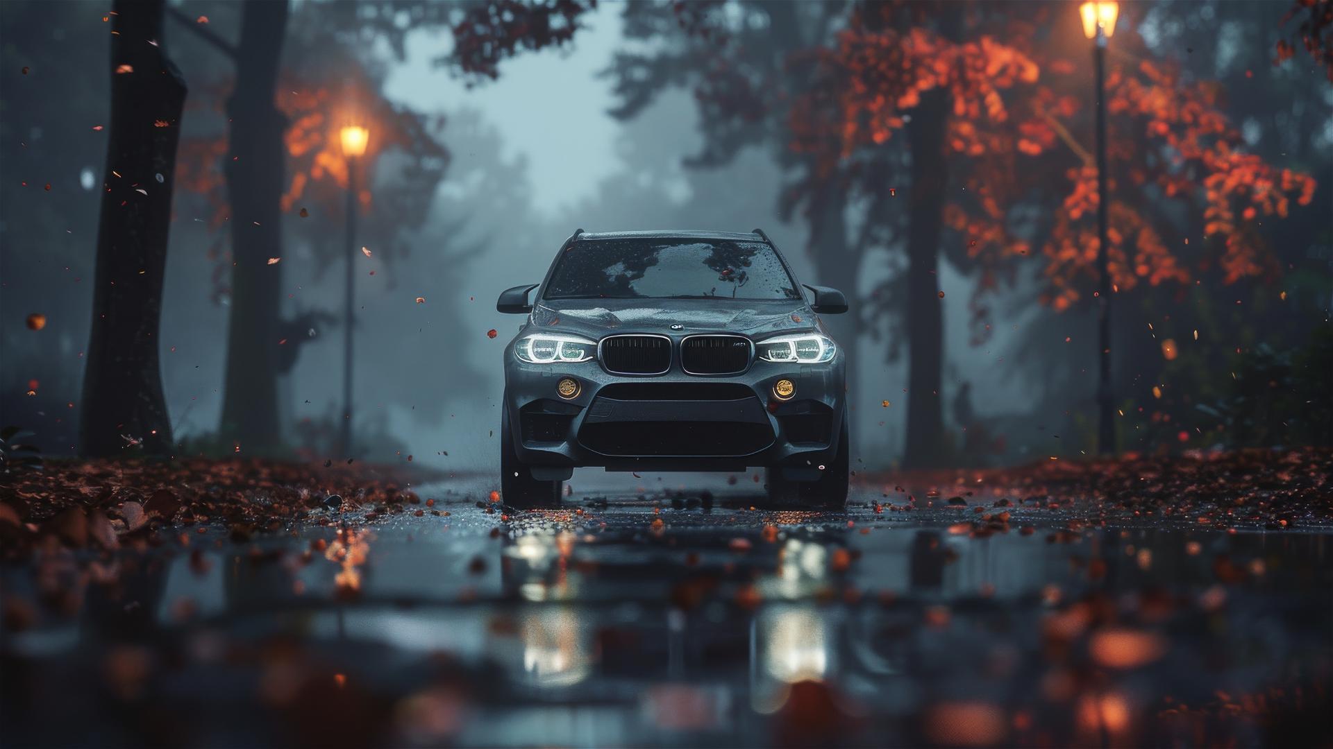 BMW X3 in gothic gloomy style with dim lighting and fog, closeup view