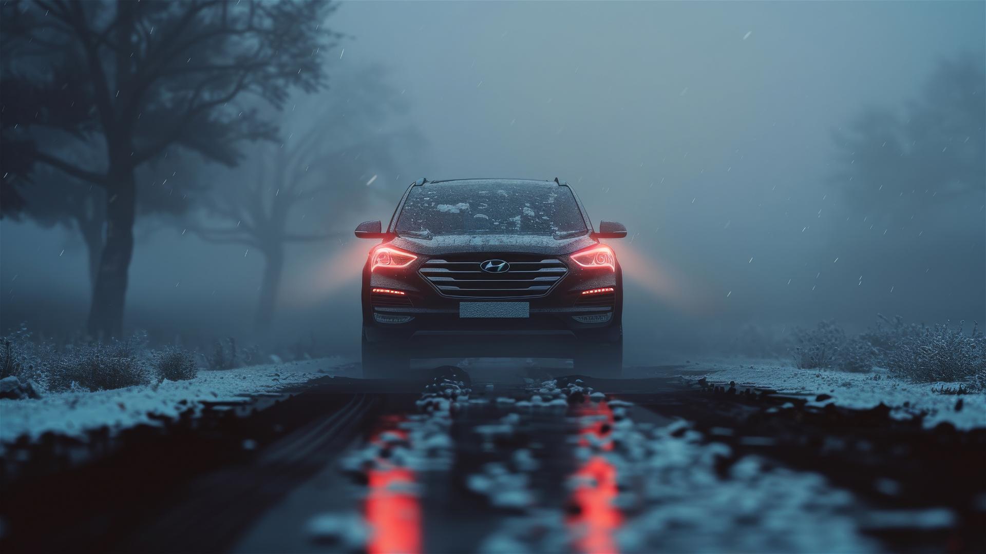 Closeup of a Hyundai Santa Fe in dim, foggy Gothic setting
