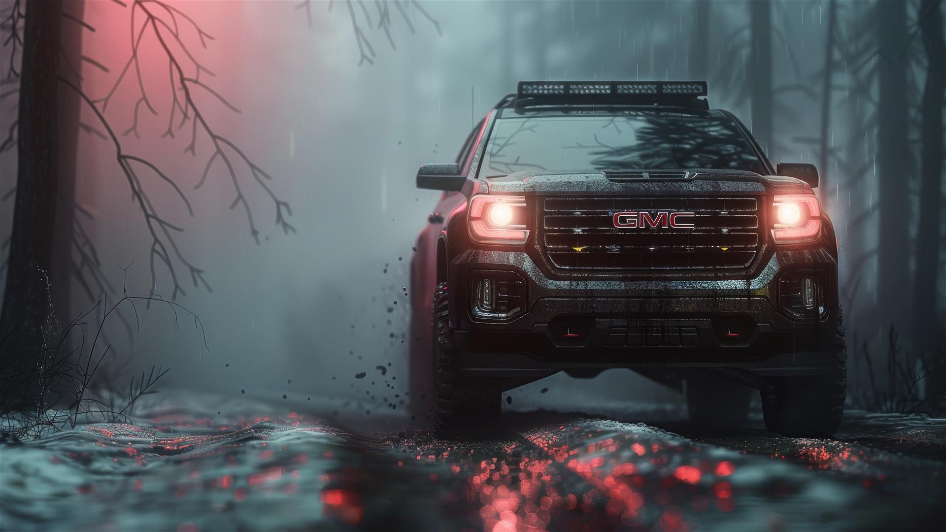 Gothic gloomy GMC Acadia under dim lighting in fog