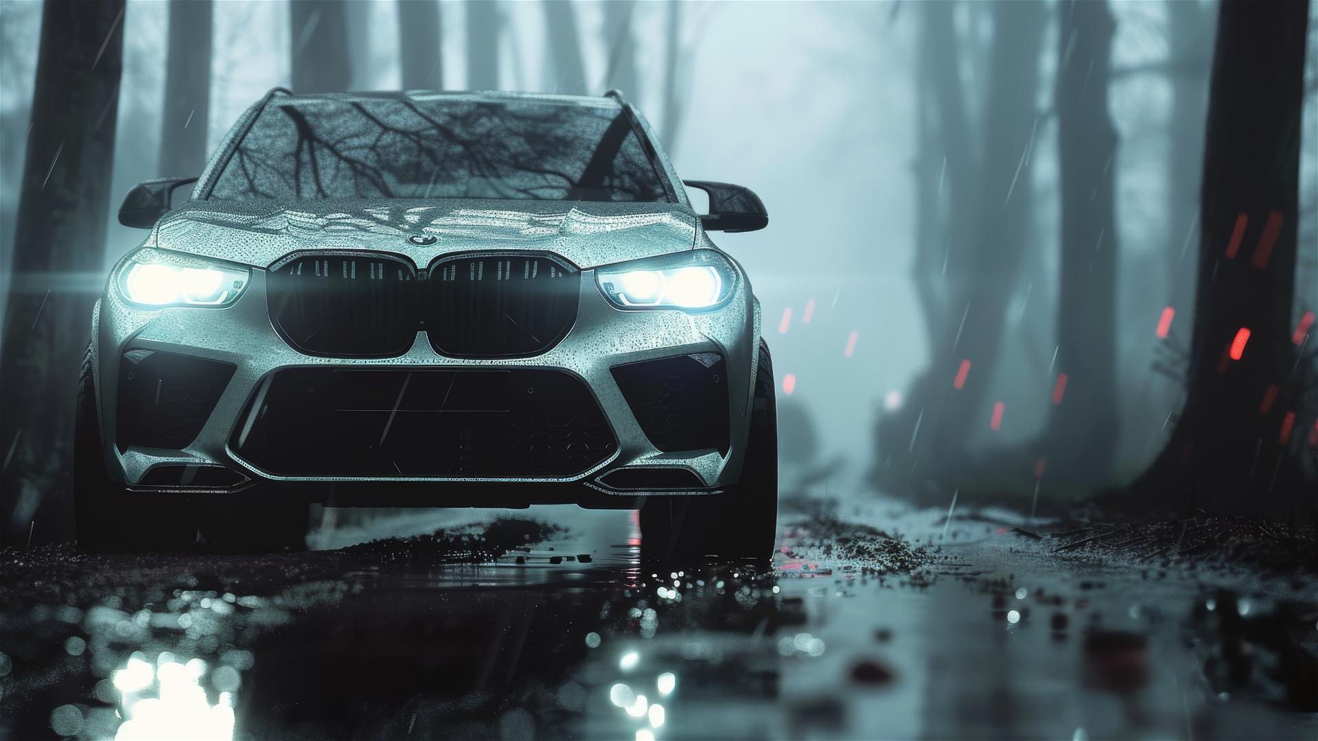 Gothic gloomy BMW X5 in dim foggy lighting, closeup photorealistic view