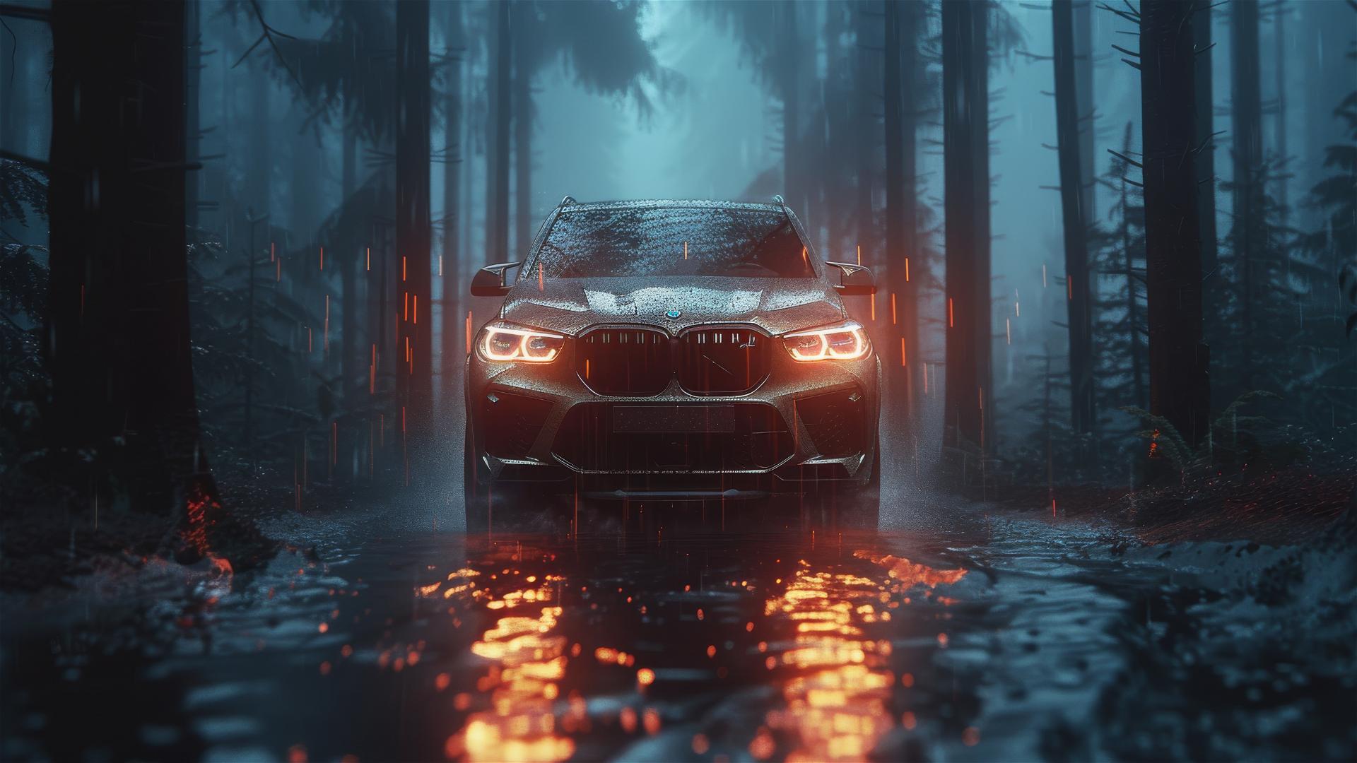 Closeup view of a BMW X5 in dim, Gothic gloomy lighting with fog