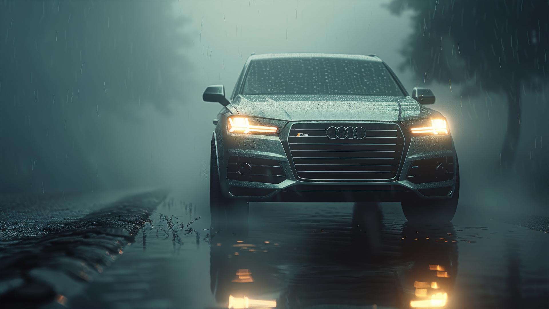 Audi Q7 with dim lighting in a gothic, foggy environment in photorealistic 8K