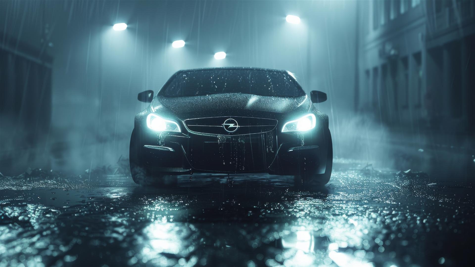 Opel insignia in dim lighting with a closeup view, surrounded by fog in a photorealistic style