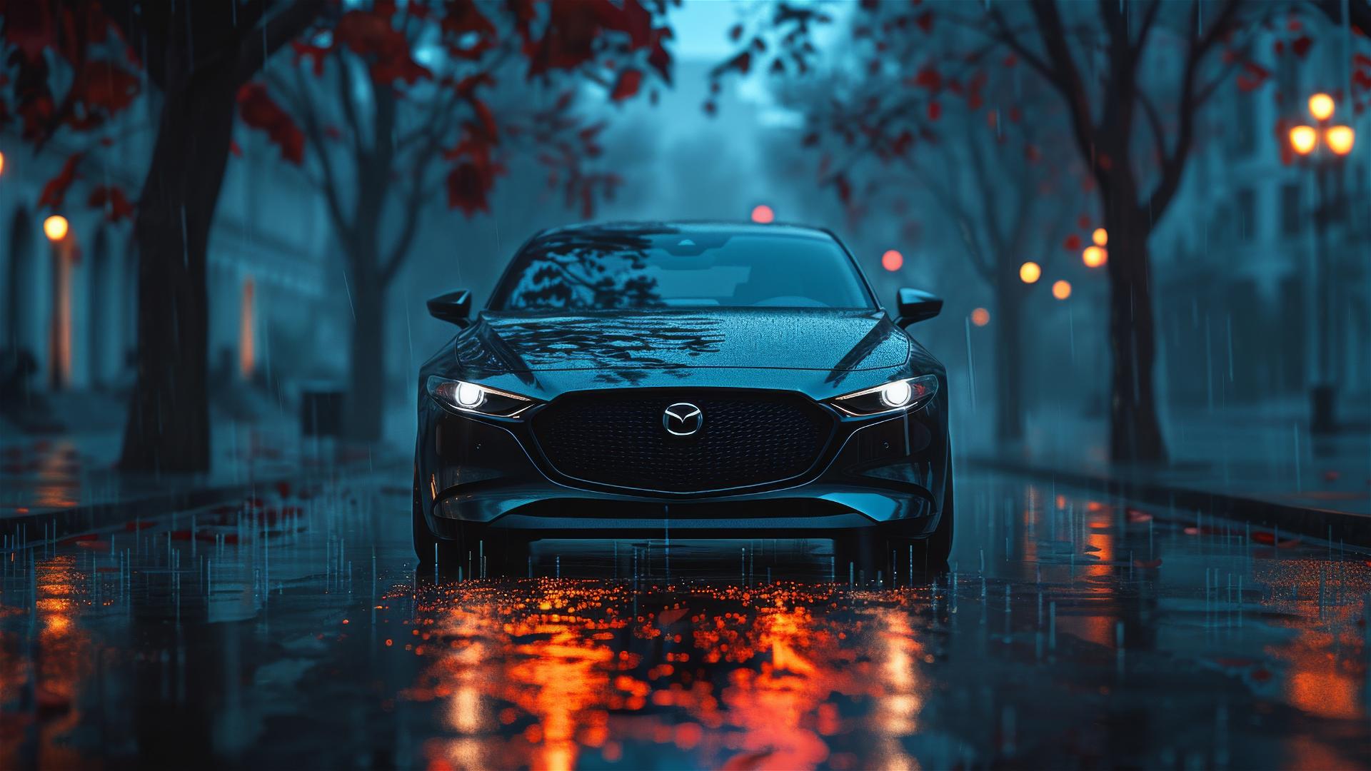 Mazda 3 under dim gothic lighting, close-up and foggy with a photorealistic finish