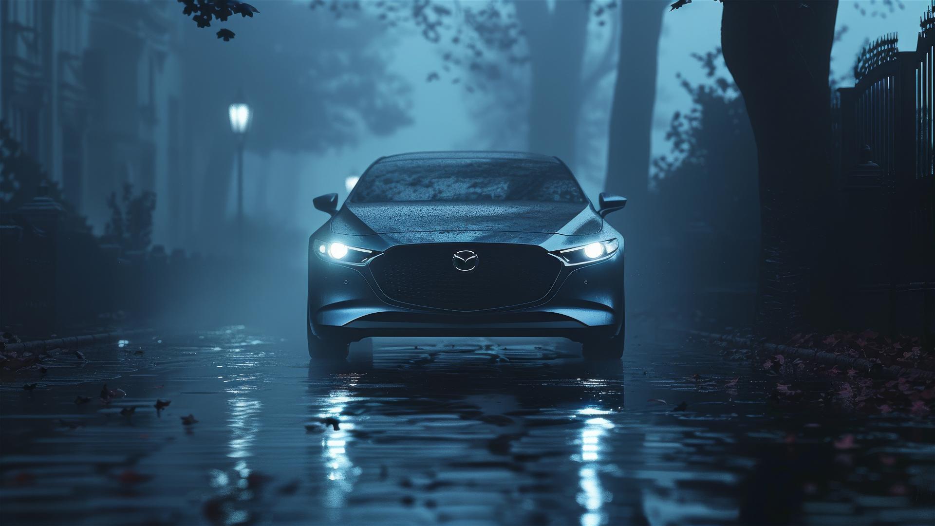 Gothic gloomy Mazda 3 in dim lighting and fog