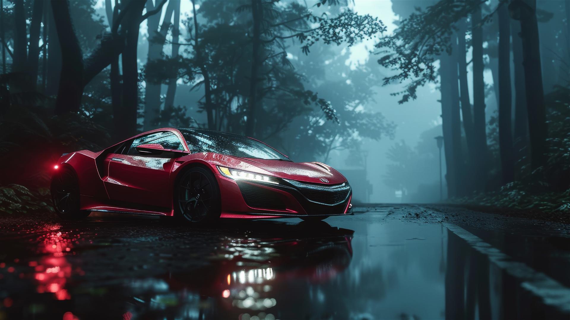 Close-up of a Honda NSX in dim, gothic-style lighting with a foggy ambiance in 8K photorealism
