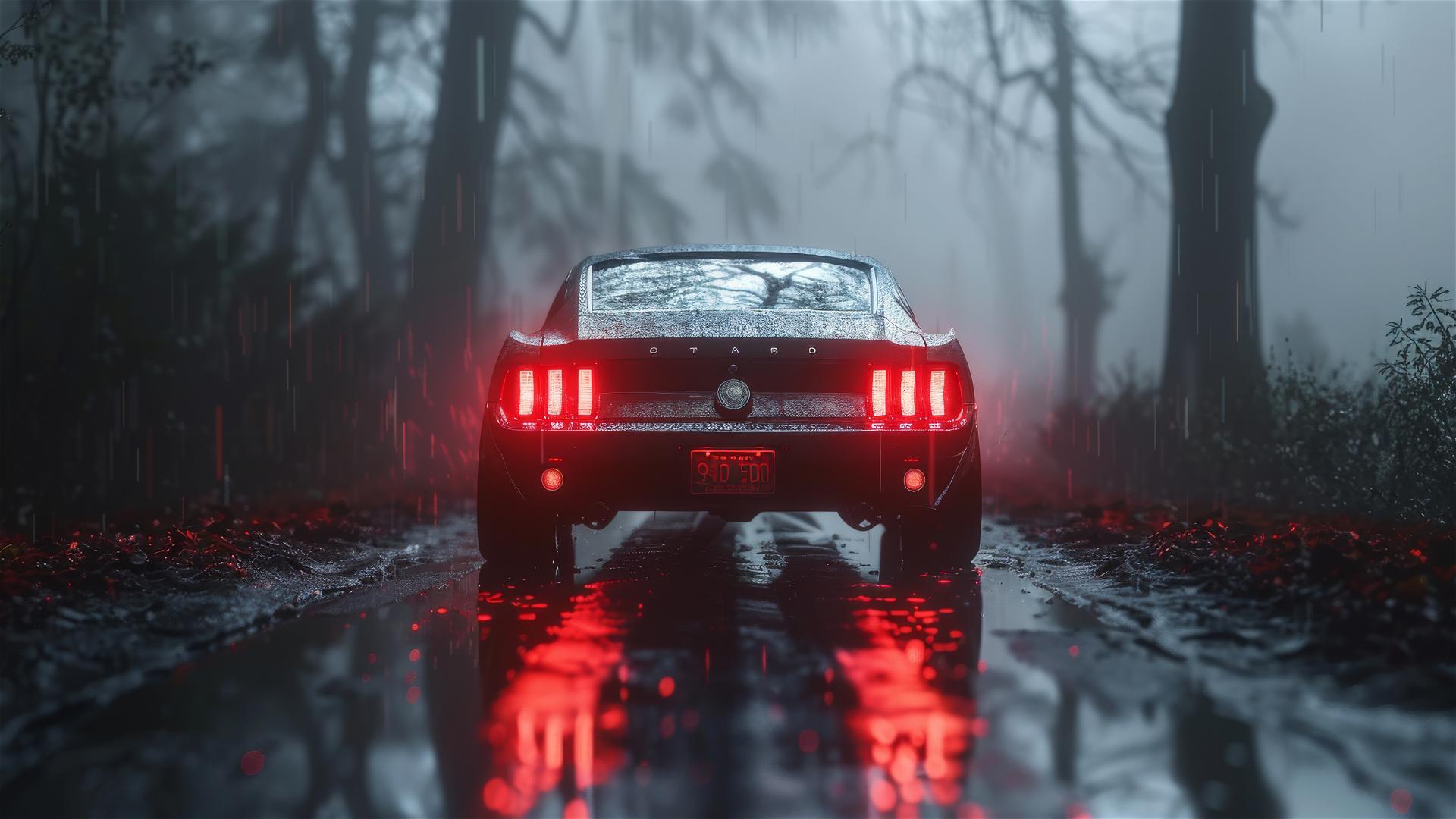Ford Mustang car in dim Gothic lighting with foggy background