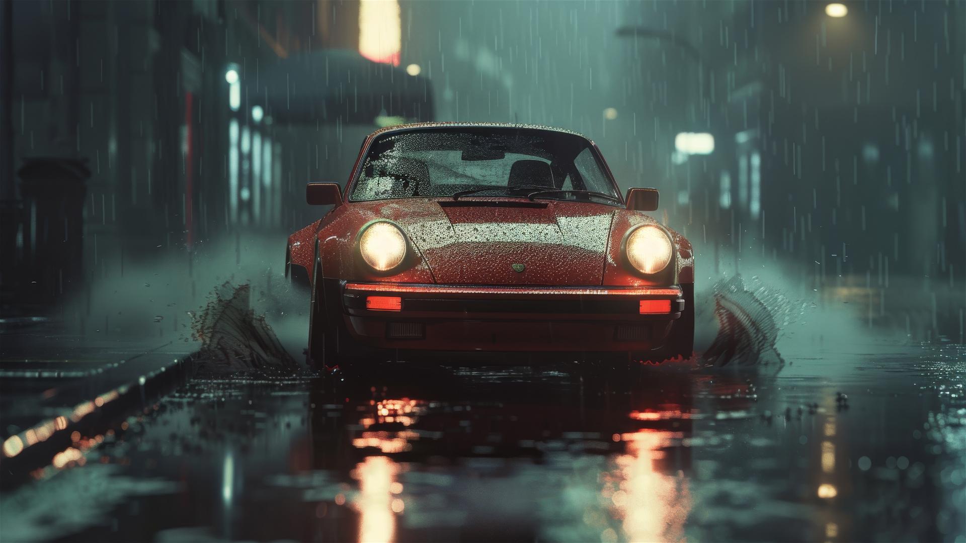Porsche 911 in dim gothic lighting, closeup view with smooth 8k resolution and foggy atmosphere