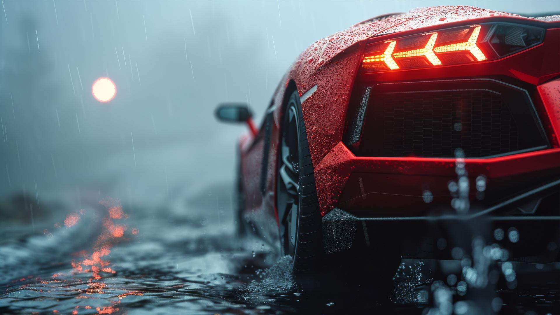 Close-up of Lamborghini Aventador in dim, foggy lighting with a gothic gloomy aesthetic