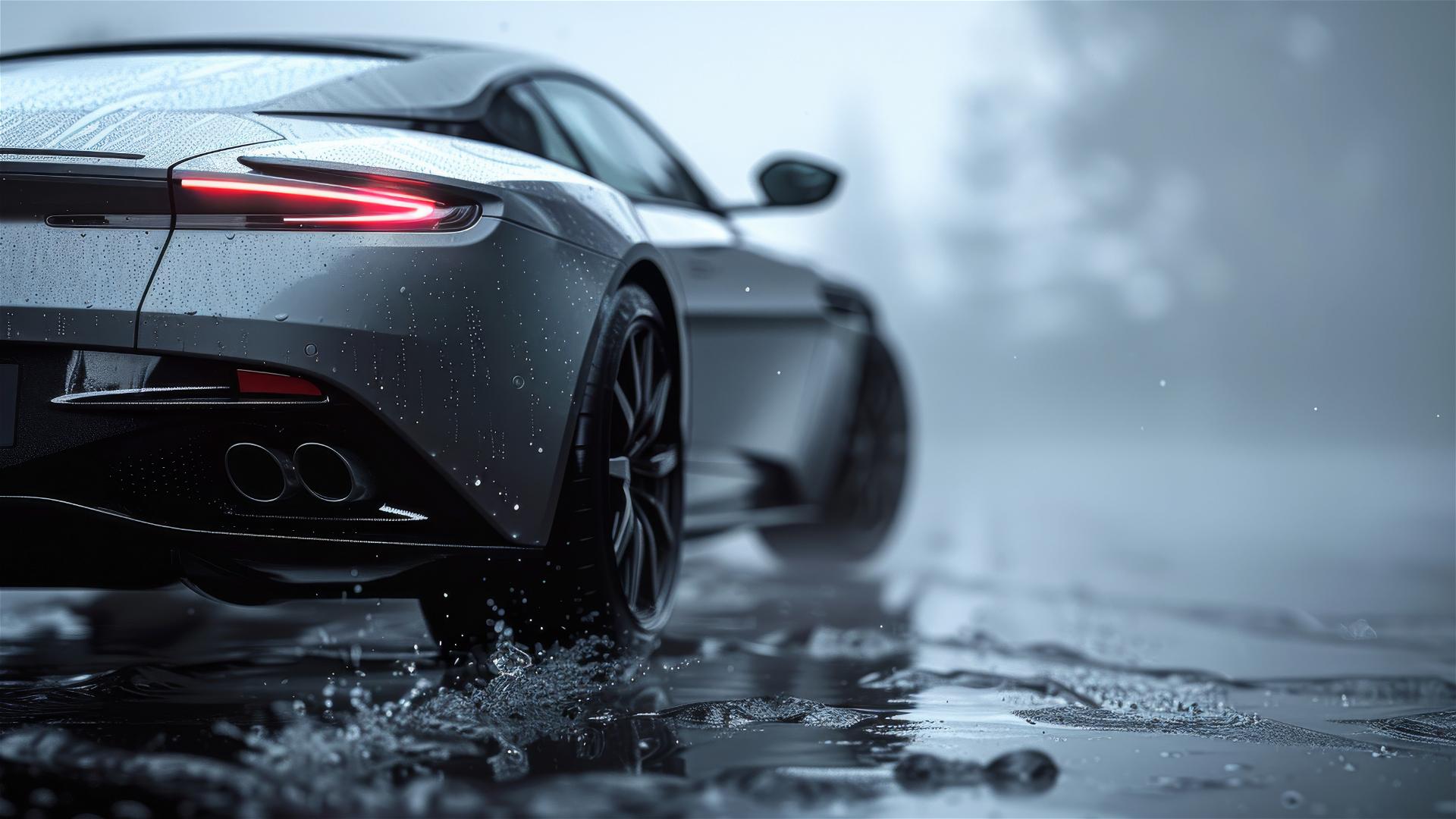Photorealistic closeup view of Aston Martin DB11 in dim, gothic gloomy lighting, surrounded by fog