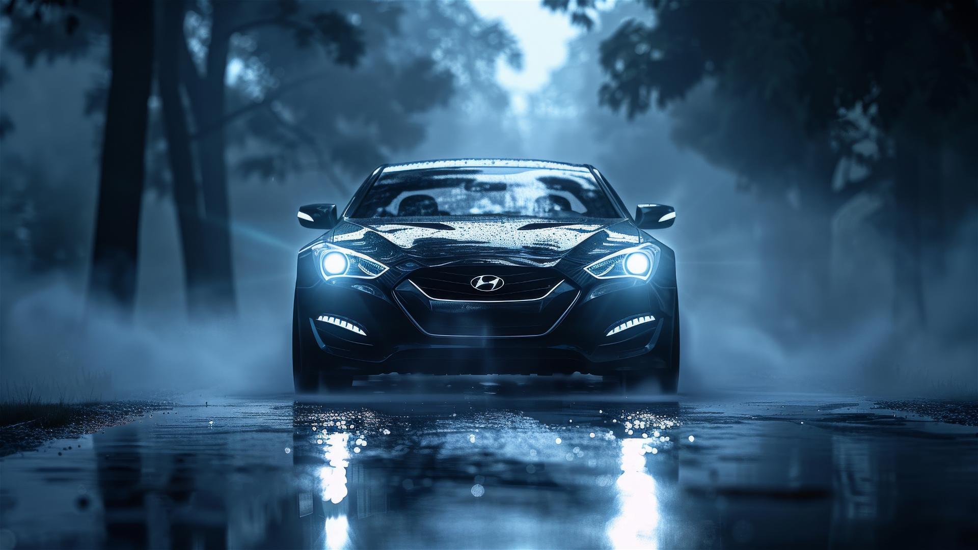 Photorealistic close-up of a Hyundai Genesis in dim, foggy, Gothic setting