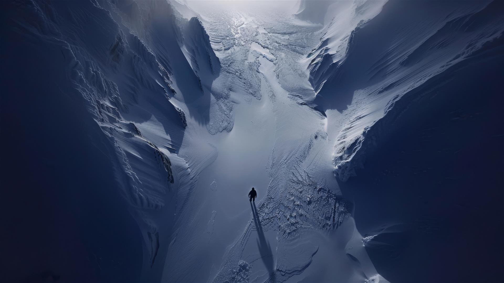 Dark figure on the ground in a desolate Antarctica