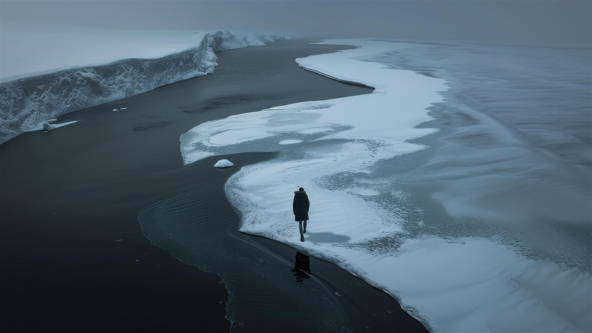 Aerial view of dark figure in Antarctica conveying loneliness and stillness