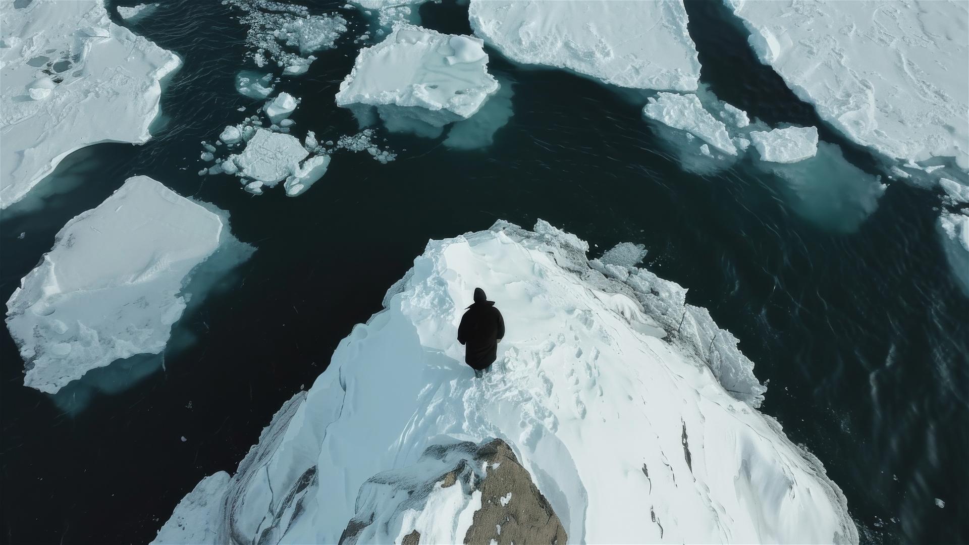 Aerial view of Antarctica with an isolated dark figure, reflecting solitude and calmness