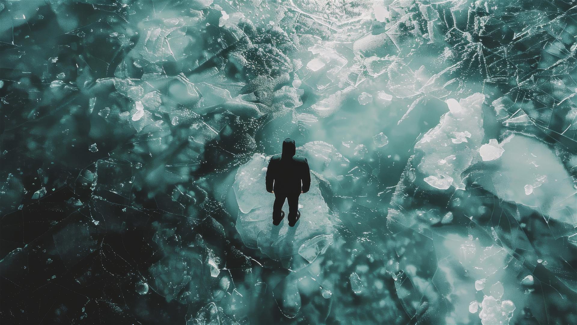 Dark figure on Antarctic ground, viewed from above, exuding a sense of loneliness and stillness