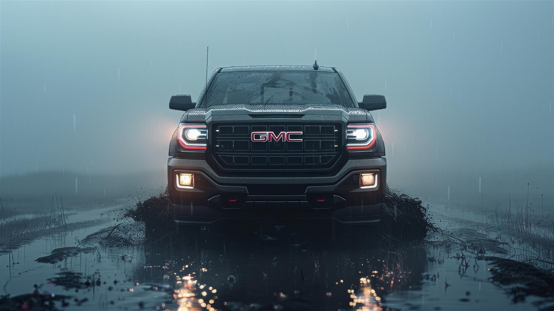GMC Canyon in gothic gloomy style with fog and dim lighting