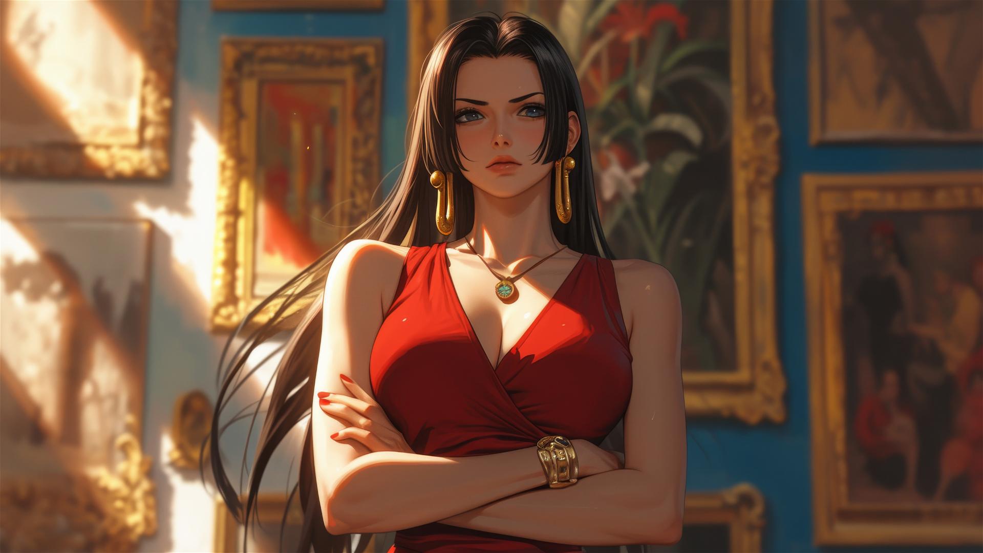 Boa Hancock from One Piece in an art gallery under soft lights
