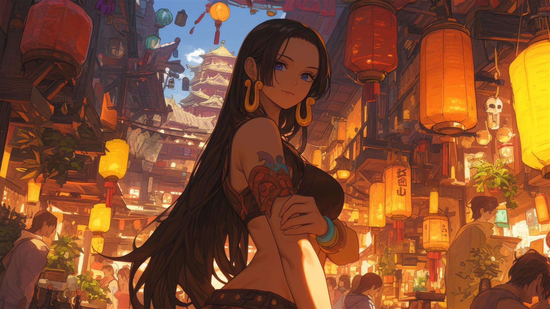 Boa Hancock from One Piece browsing a vibrant marketplace under lantern light