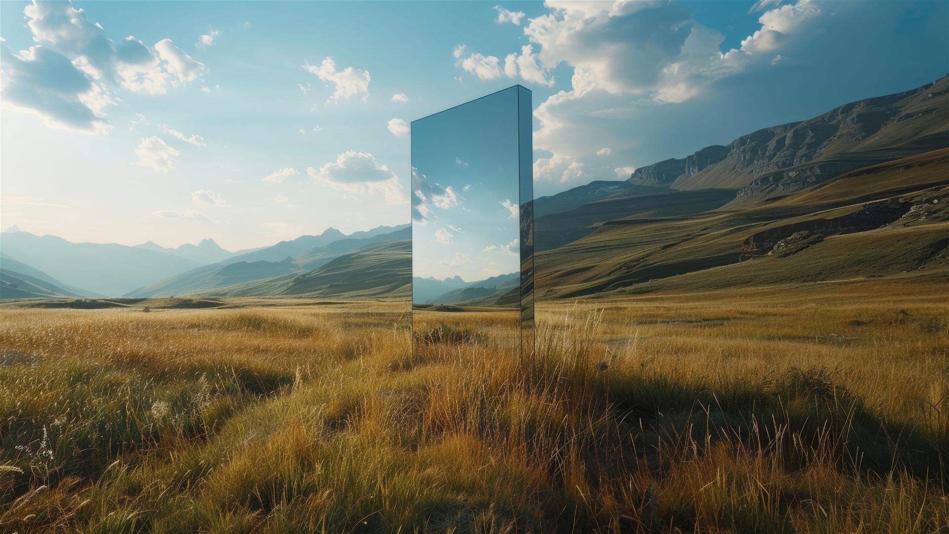 Mirror in mountain meadow reflects modern conference room, no surroundings visible