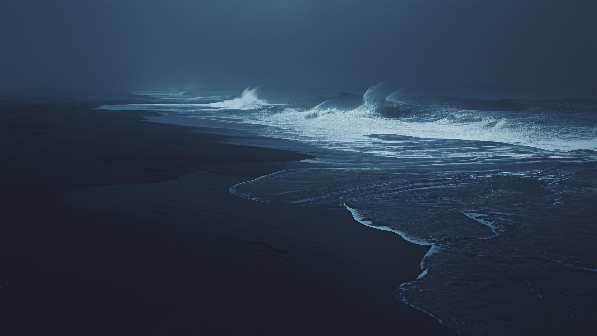 Deserted black sand beach under dark sky with crashing waves