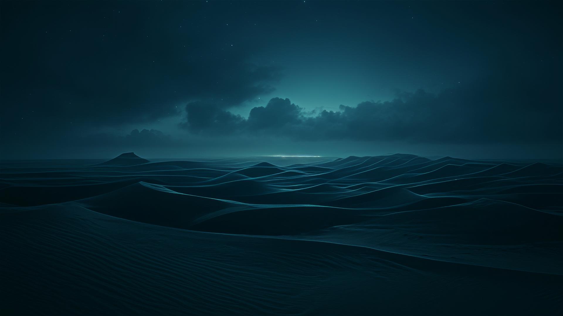 Black sand dunes under starlit night, subtly defining the contours by texture variation