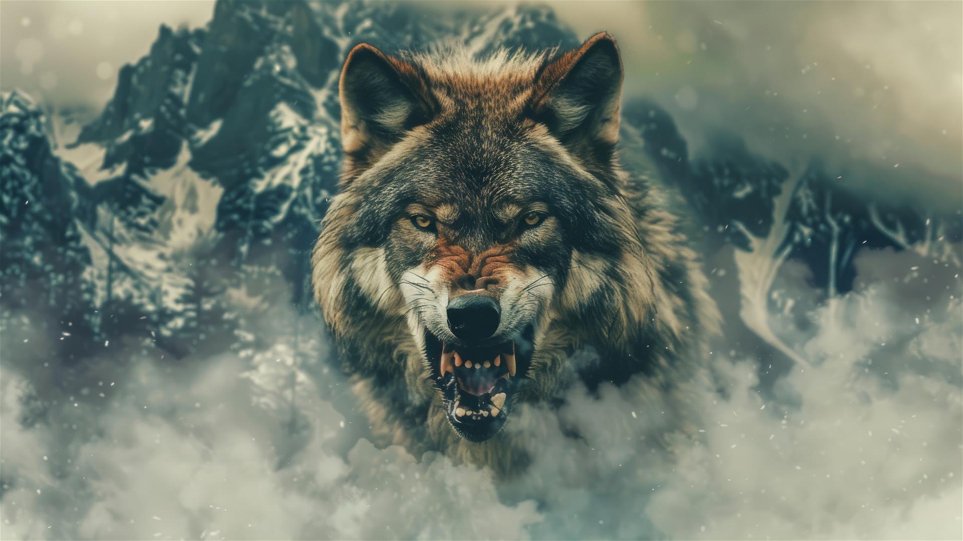 High-contrast double exposure of angry wolf and mountain landscape, styled like Norse wildlife photography.