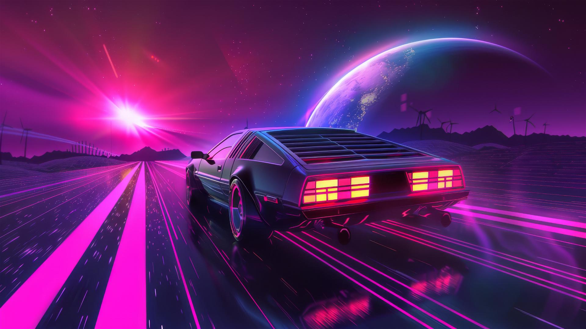 Synthwave car traversing a cosmic highway towards the moon