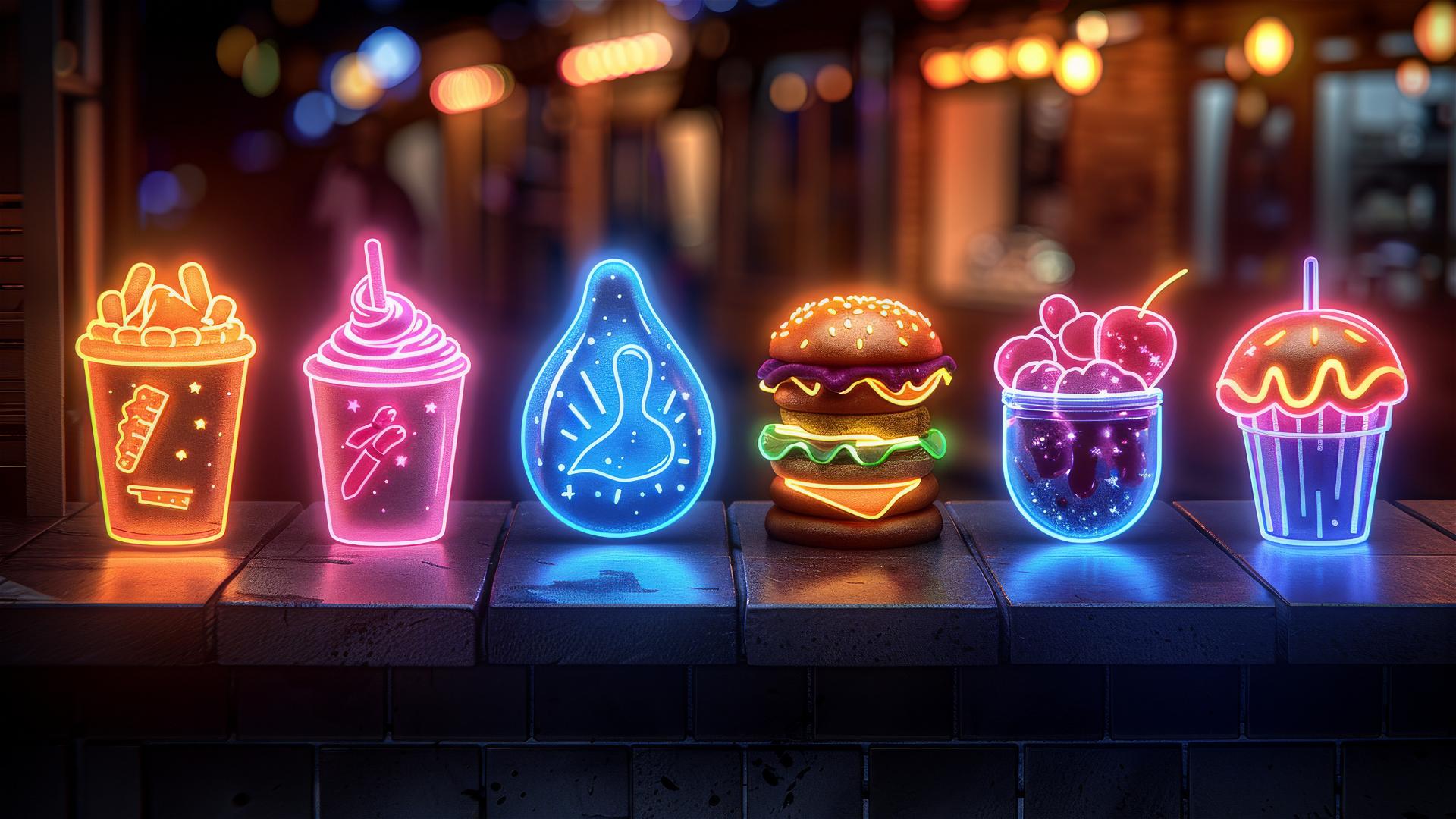 colorful frosted glass food icons with neon light on dark background