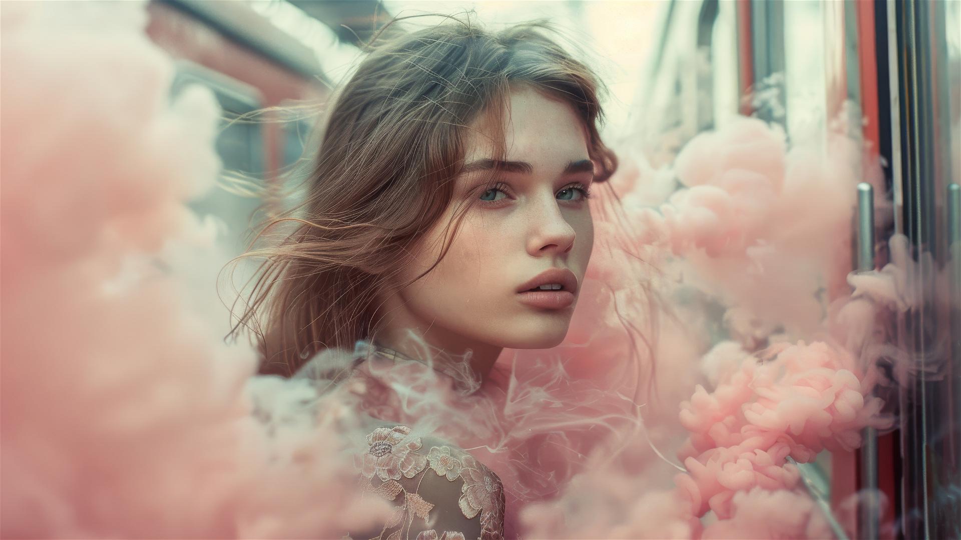 Model walking between trains with light pink smoke