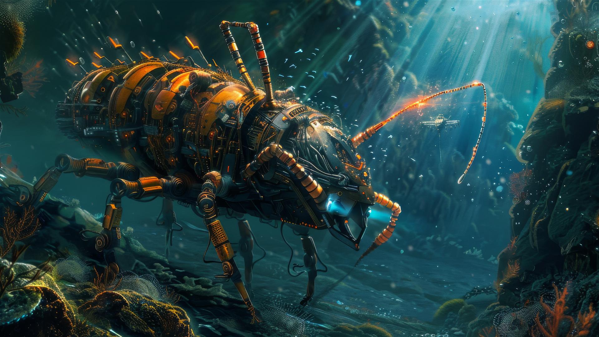 Gigantic mechanical ant glides underwater at night, illuminated by a beam of light.
