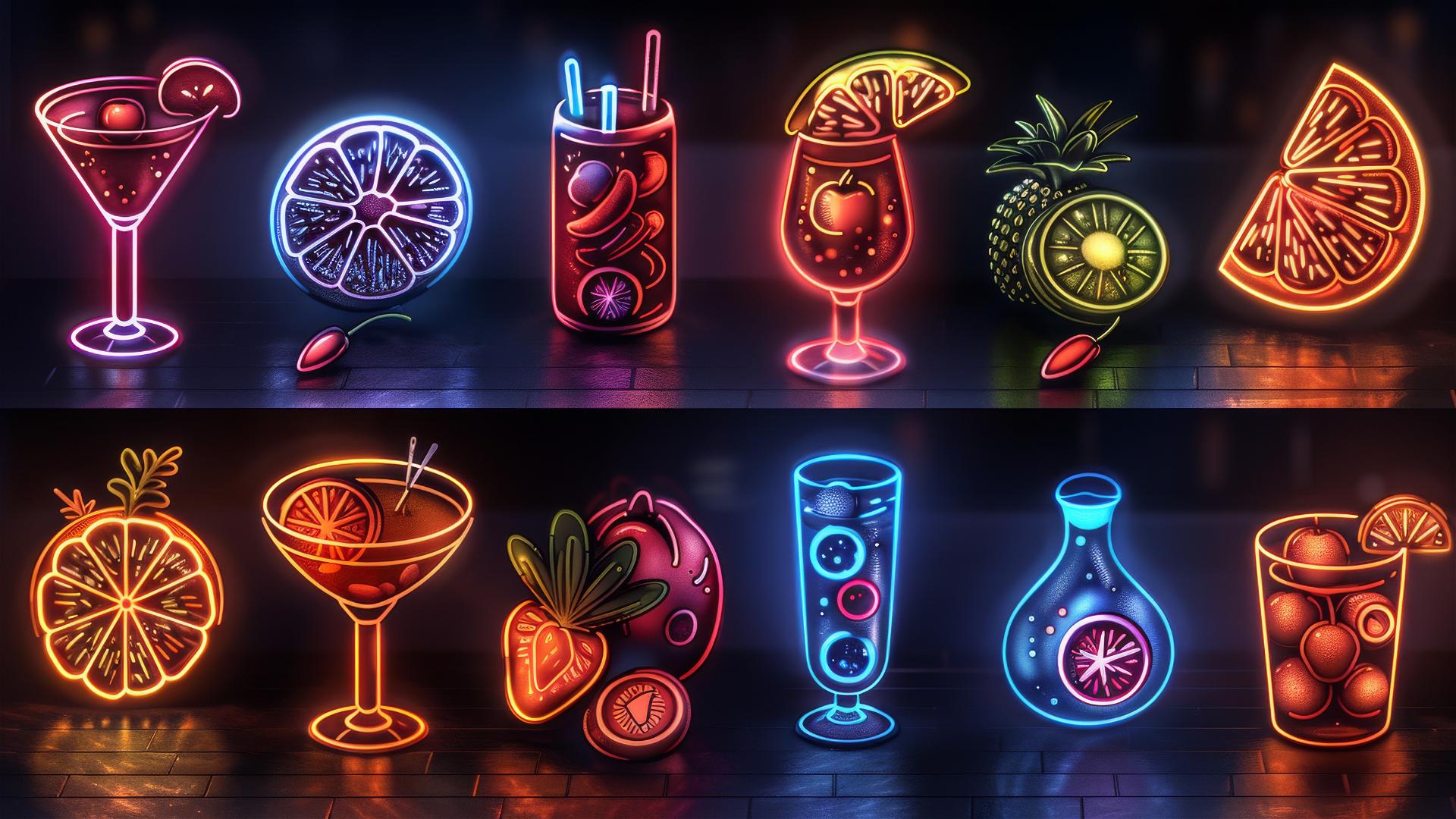 Colorful outline food icons on dark background with neon lights