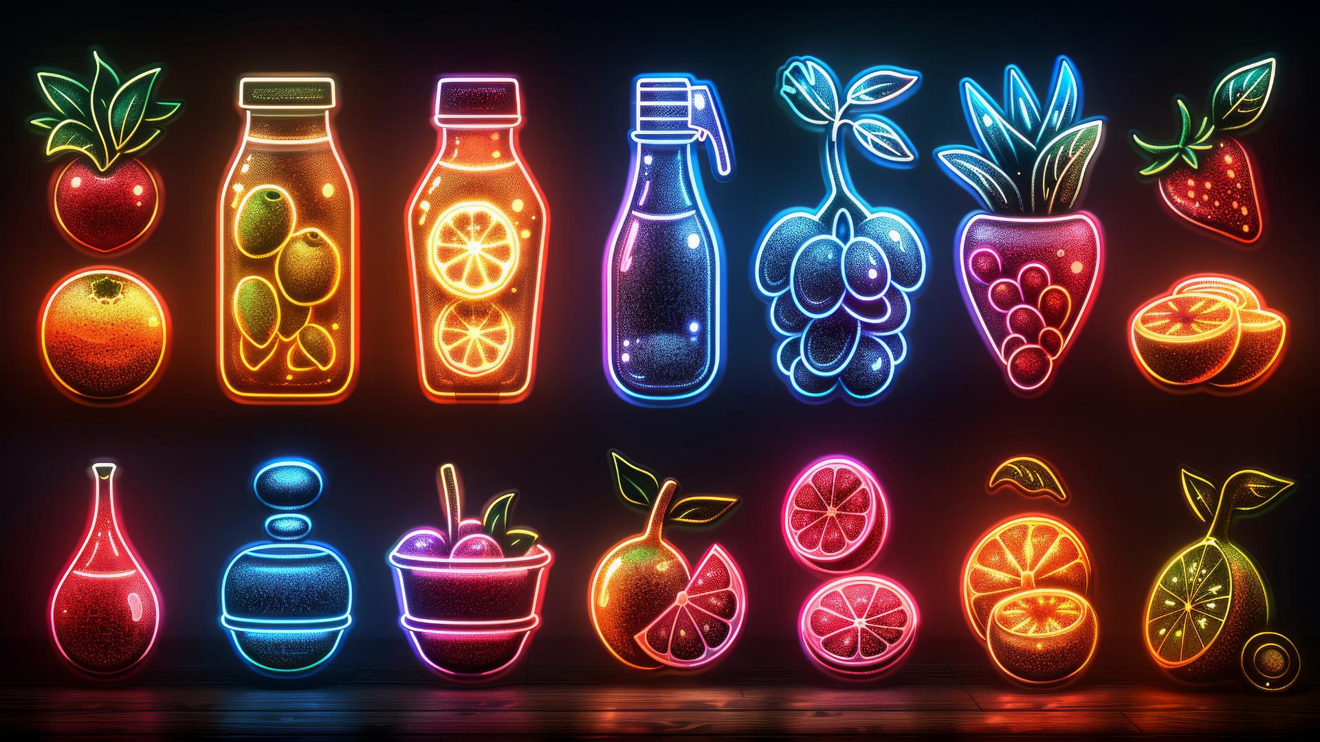 Colorful frosted glass food icons on a dark background