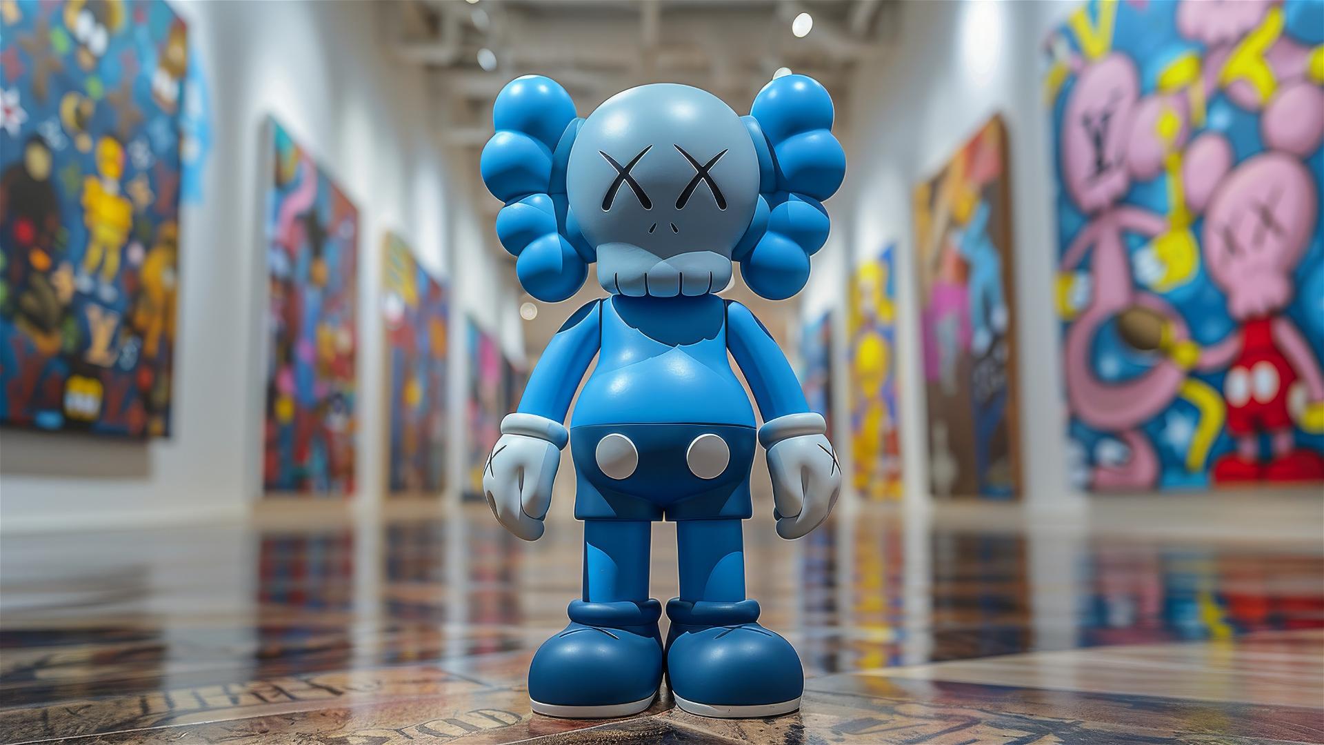 2D cartoon art of a full-body monkey with blue circles in Louis Vuitton-Kaws style.