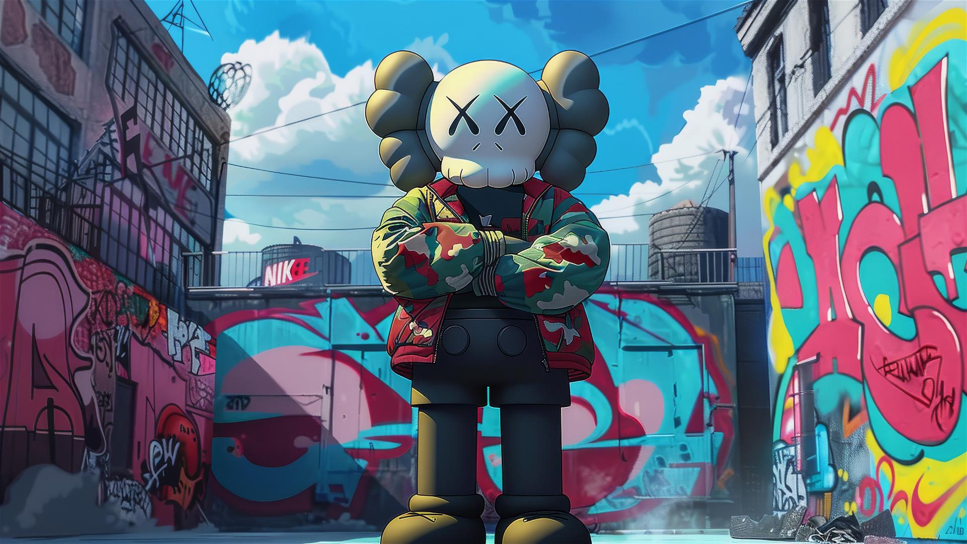 2D cartoon art featuring a Nike companion Kaws crossing arms in the foreground