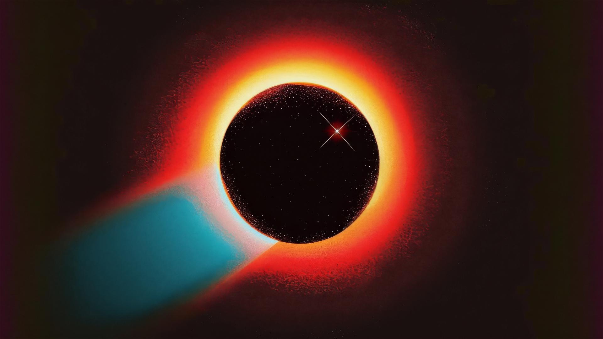 Abstract hyperrealistic colored pencil illustration of a total solar eclipse, with vivid colors against a dark sky and an eerie atmosphere.