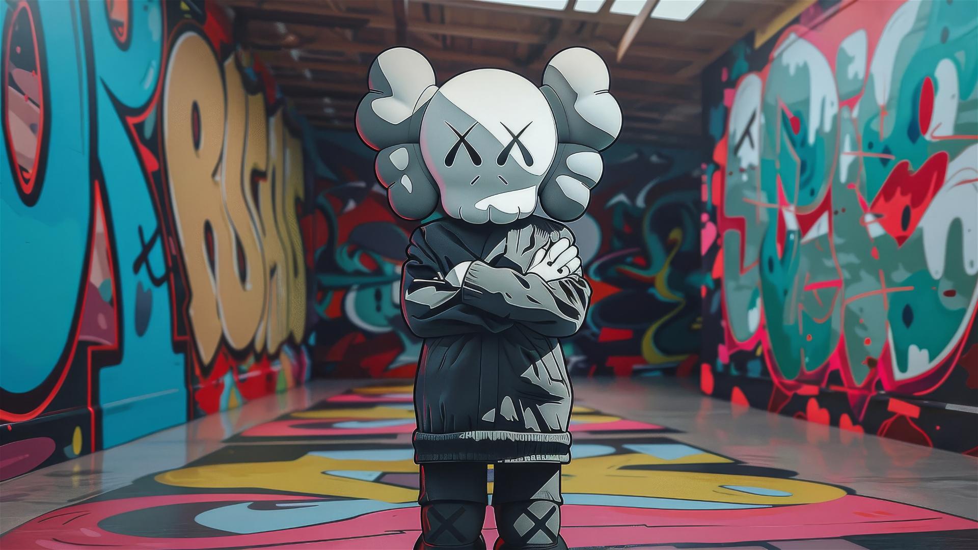 2D cartoon art of Kaws companion crossing arms with Nike logo