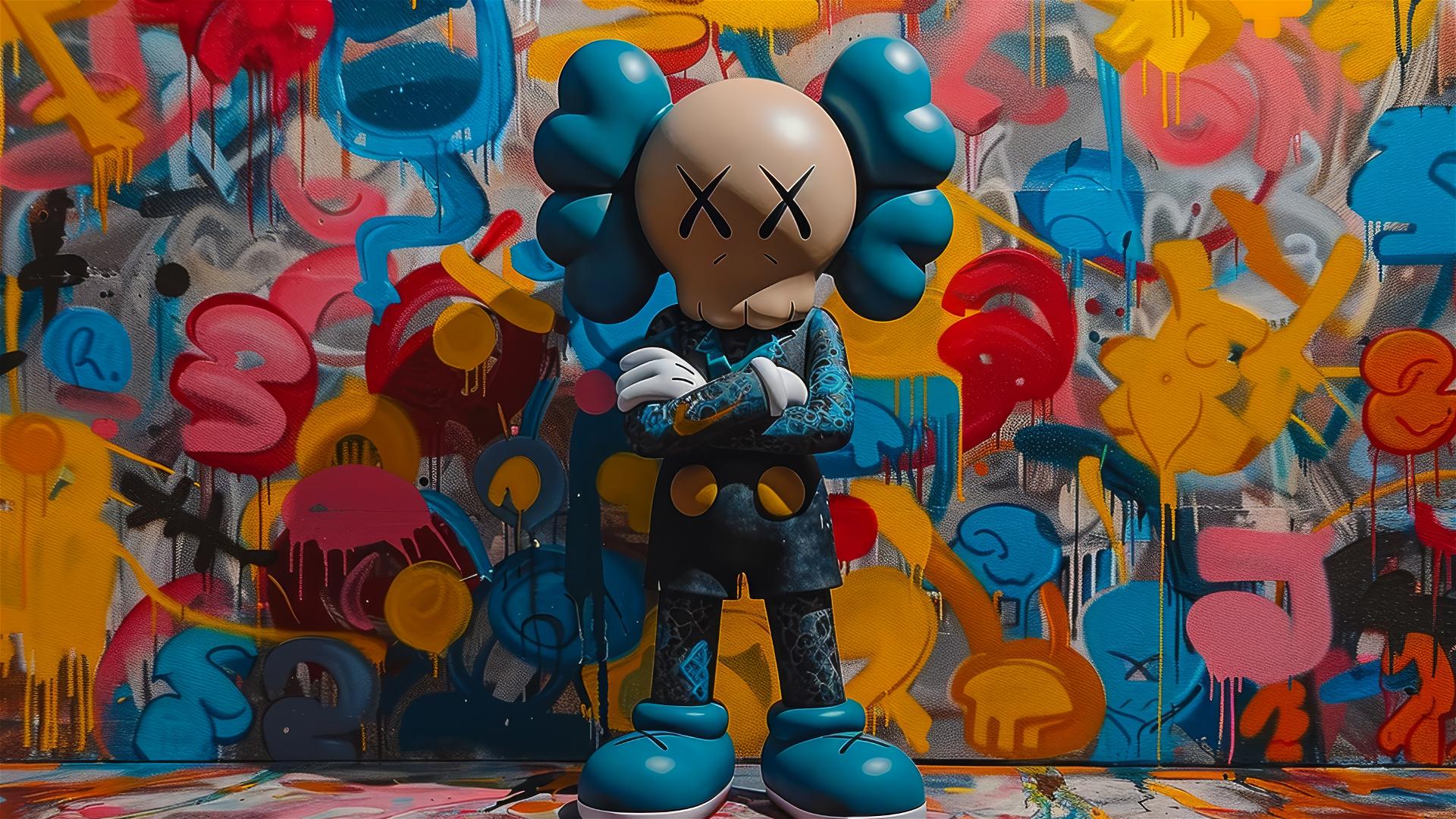 2D cartoon art with Kaws crossing arms wearing Nike