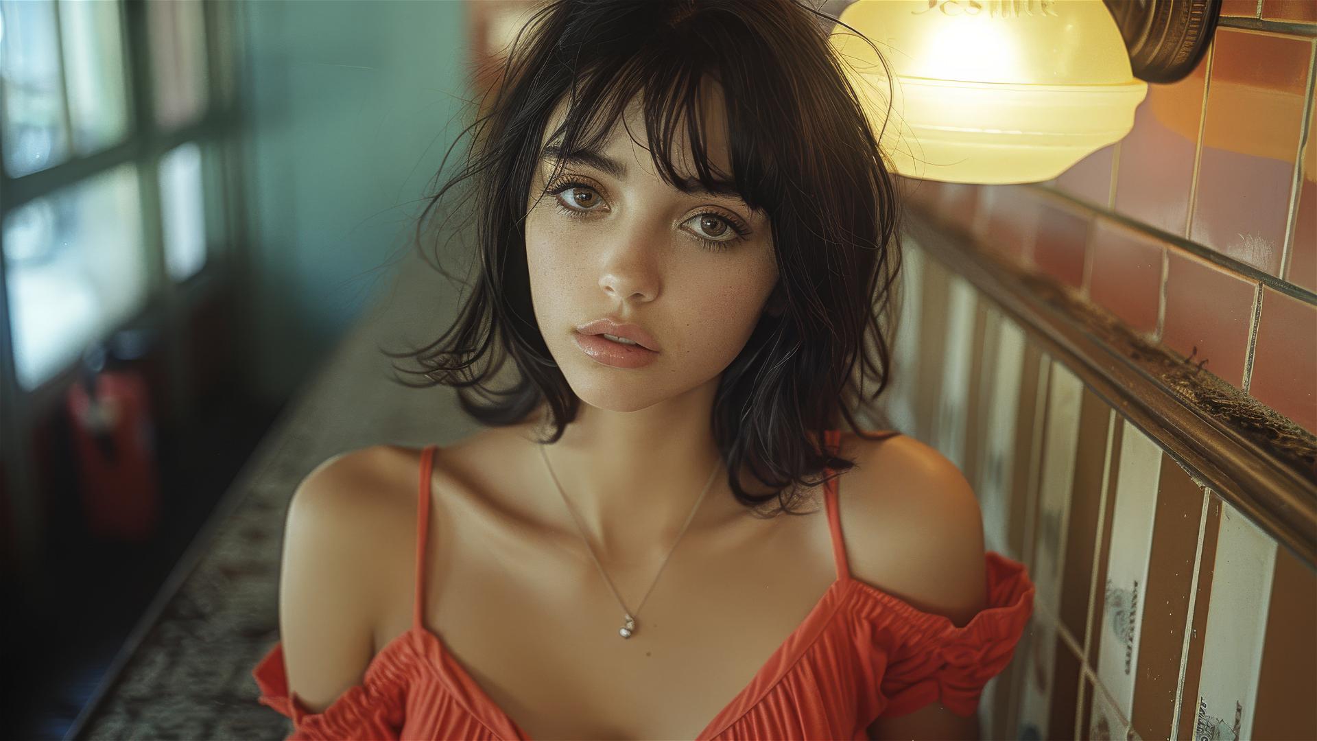 Young woman posing as high fashion model in subway under lamp