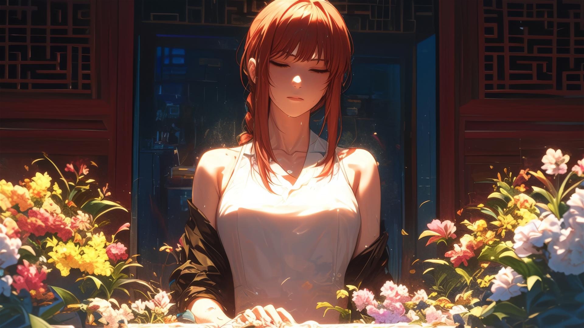 Makima from Chainsaw Man in a tub of flowers in a Chinese spa