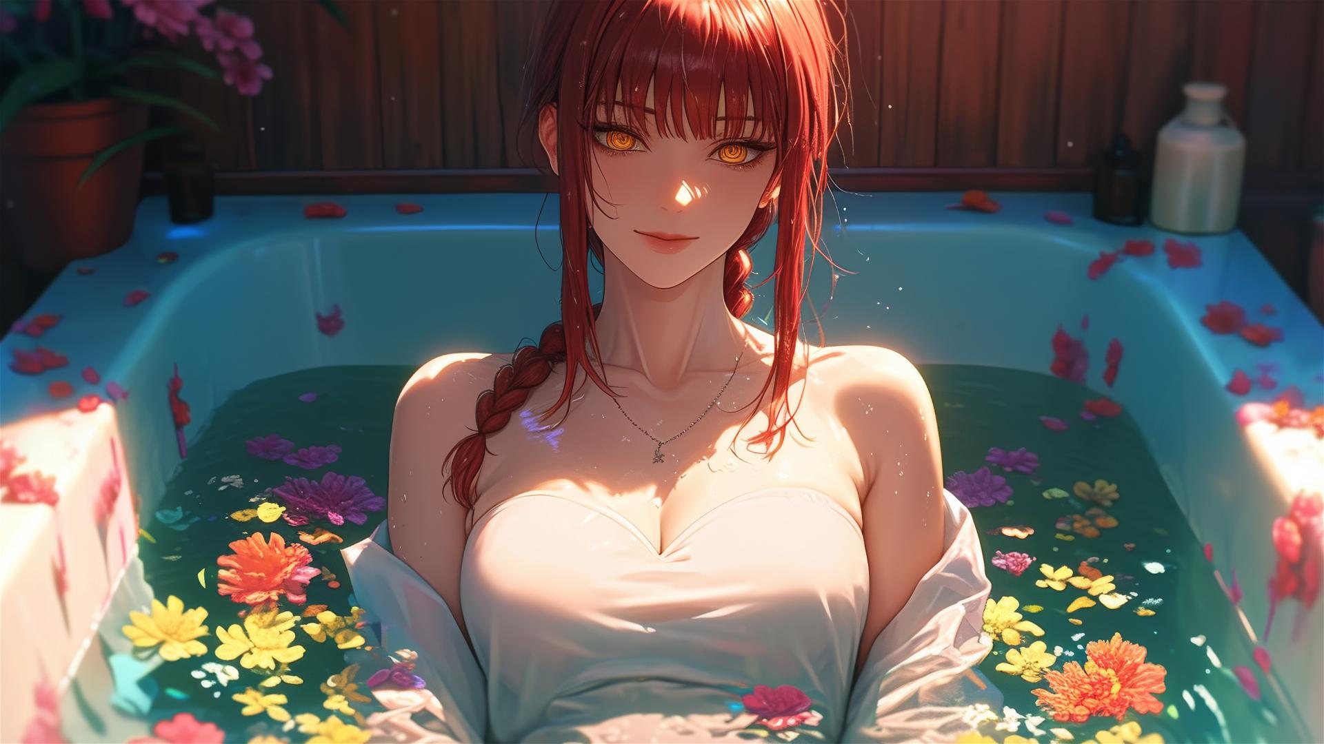 Makima from Chainsaw Man in a flower-filled tub at a Chinese spa
