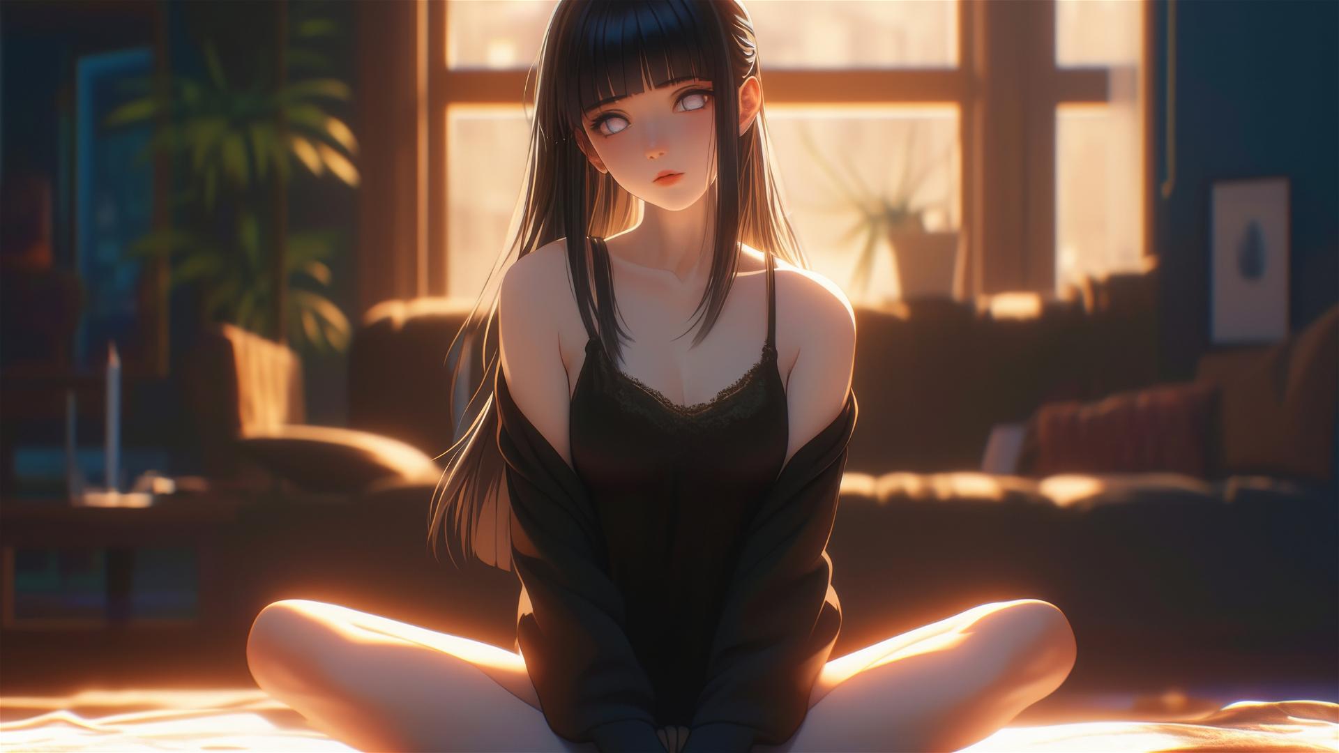 Hinata Hyuga from Naruto sitting in modern hotel with warm light glow