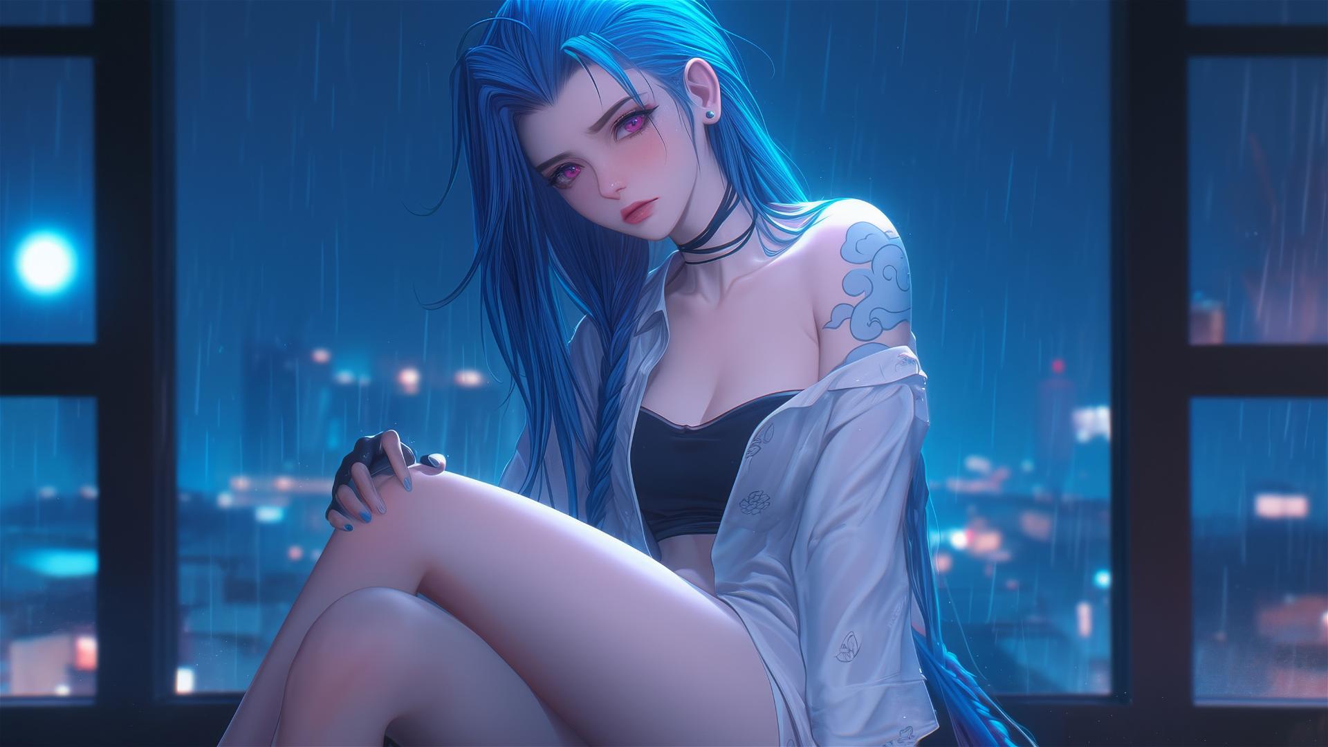 Jinx from League of Legends sitting in an apartment with moonlight, pink eyes, blue hair, silk pajamas