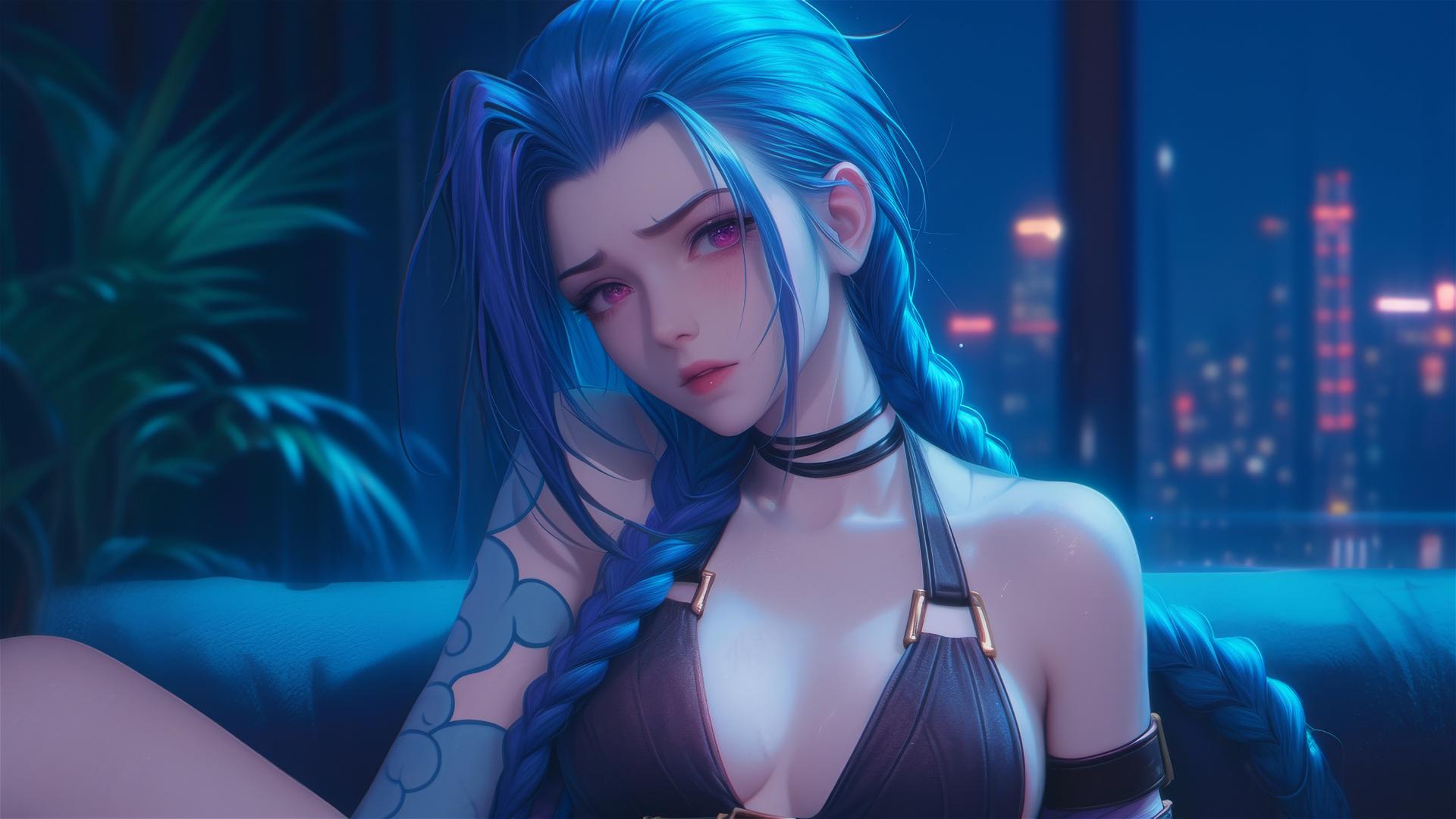 Jinx from League of Legends resting, moonlight glow, pink eyes, blue hair