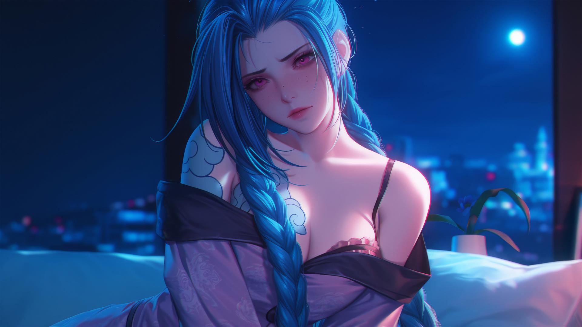 Jinx from League of Legends in silk pajamas with blue hair and pink eyes standing in moonlit apartment